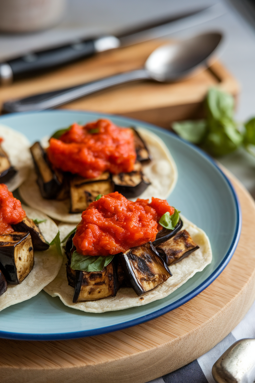 Indoor close-up of tortillas filled with charred eggplant cubes and basil, topped with tomato sauce, no text or logos.