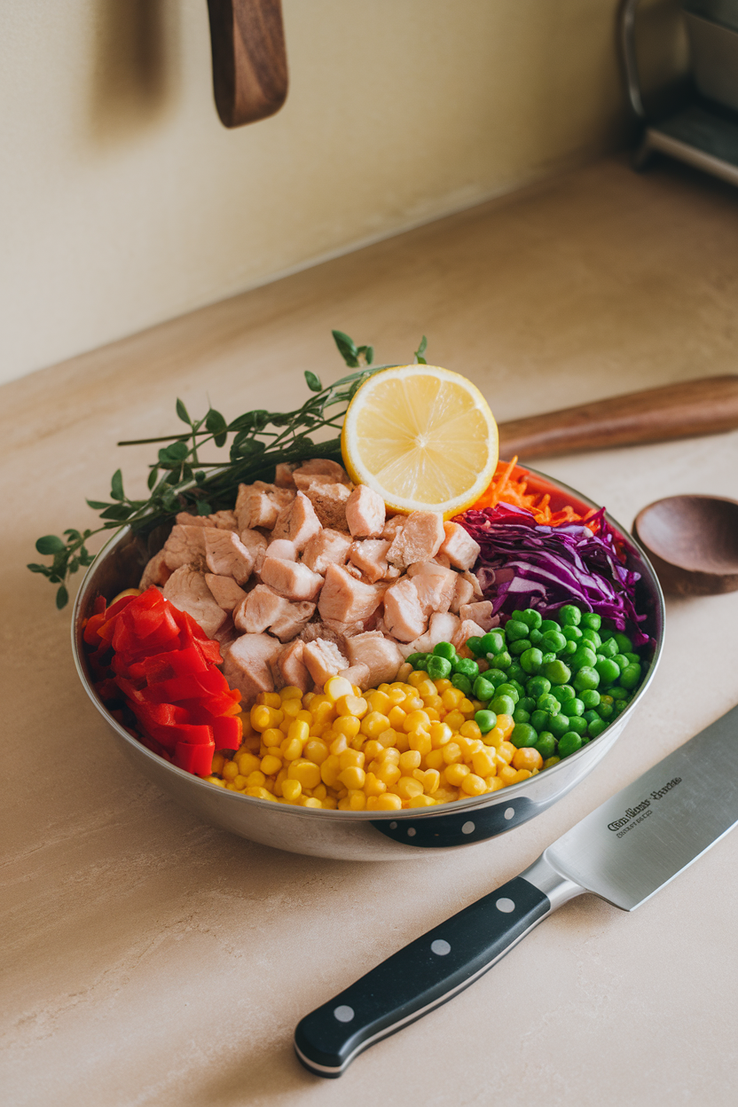 Indoor countertop featuring a bowl of diced chicken and finely chopped red pepper, yellow corn, green peas, purple cabbage, and orange carrots — photo, no text or logos