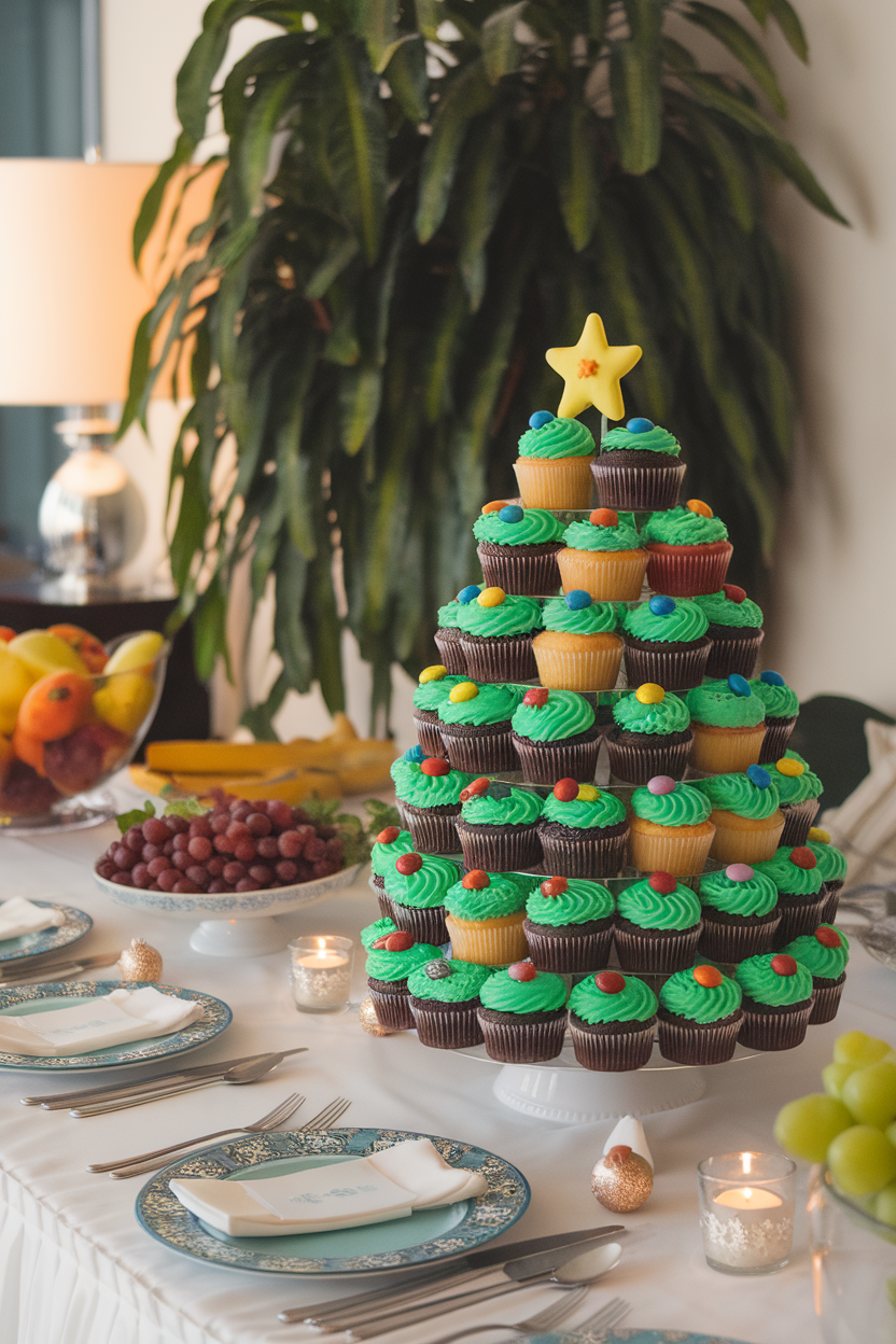 Indoor buffet table with green-frosted cupcakes arranged in a tree shape, decorated with mini M&M “ornaments” and a yellow star fondant topper. No logos, realistic photo.