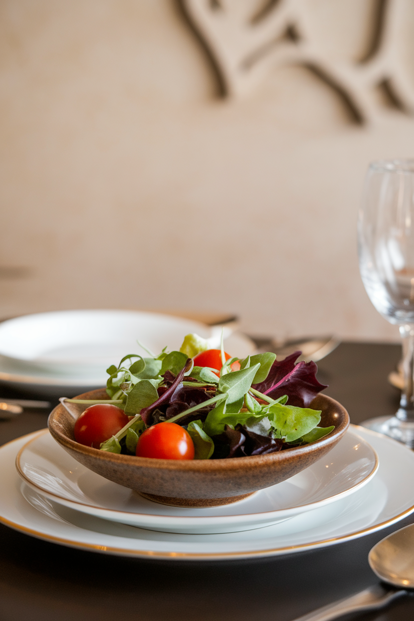 A small bowl of mixed greens and cherry tomatoes with a light vinaigrette served before the main plate on a dinner table indoors. No branding.
