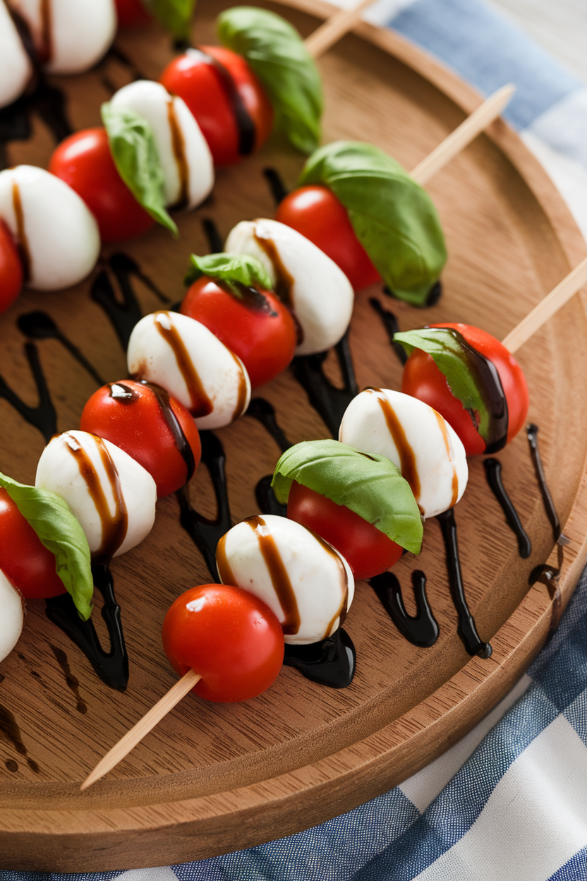 Indoor serving tray with short skewers of cherry tomatoes, mozzarella pearls, and basil leaves drizzled with balsamic reduction; no text or logos