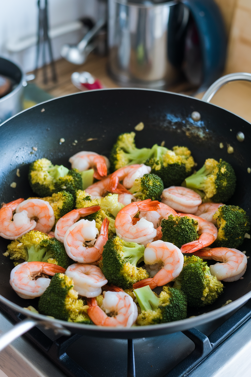 Photo of a wok on an indoor stovetop filled with cooked shrimp and bright green broccoli florets coated in a light garlic sauce. No logos visible.
