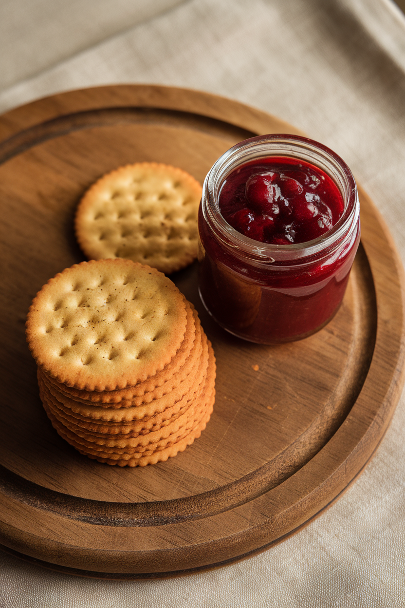 A small indoor jar of ruby cranberry apple chutney beside a stack of plain crackers on a wooden board. No text or logos, photo only.