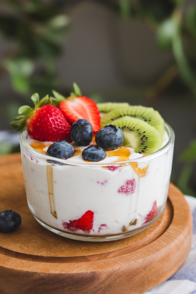 Glass bowl of plain yogurt topped with fresh fruit and drizzle of honey, indoor photo, no text or logos