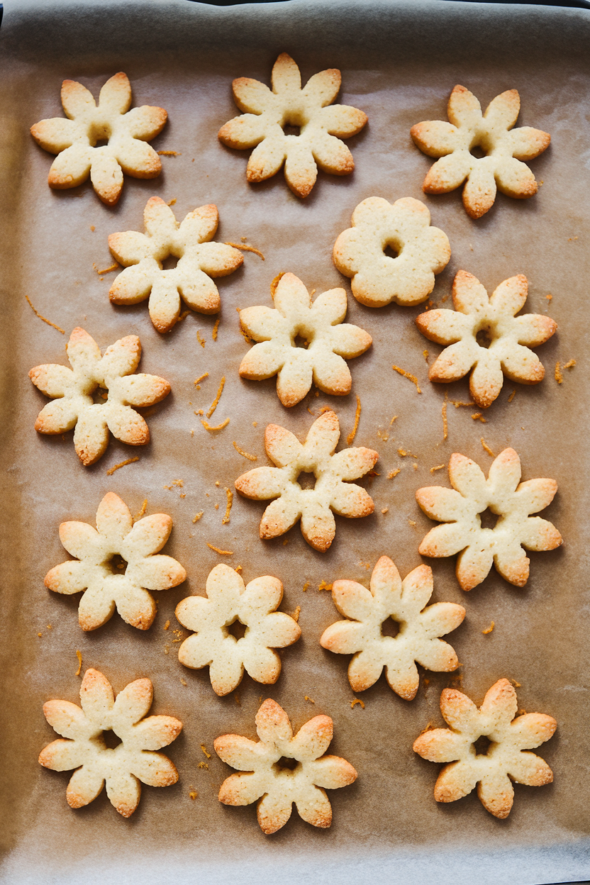 A parchment-lined indoor baking sheet dotted with delicate, flower-shaped spritz cookies flecked with orange zest. Photo, no text or logos.