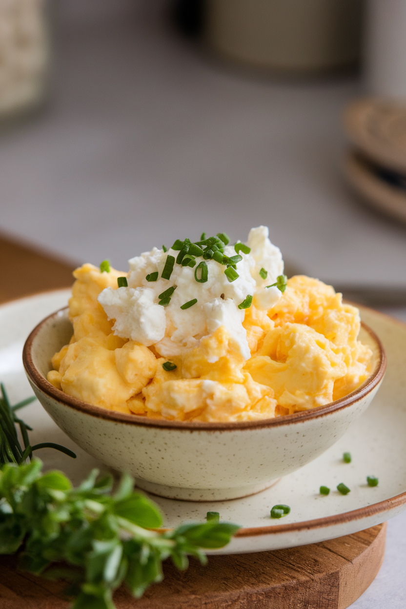 Indoor photo of a small bowl filled with fluffy scrambled eggs topped with cottage cheese and chopped chives. No text or logos.