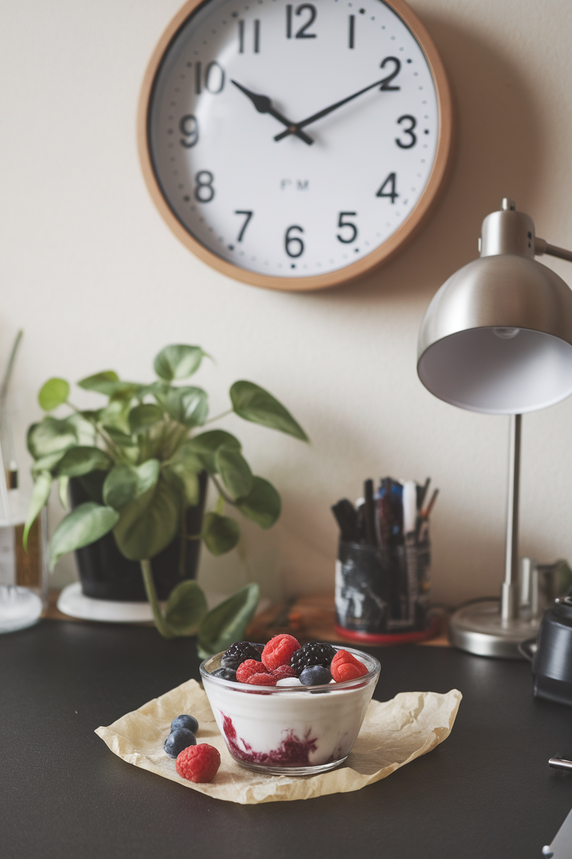 A wall clock showing 3:00 p.m. above a small bowl of Greek yogurt and berries on a desk indoors, no text or logos visible.