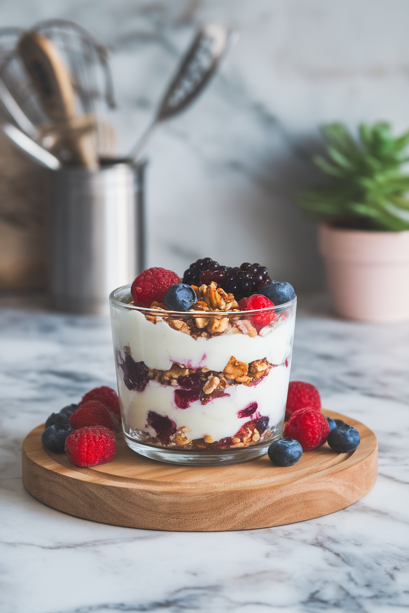 Glasses layered with creamy yogurt, cranberry walnut granola, and fresh berries, sitting on an indoor kitchen counter, no text or branding visible.