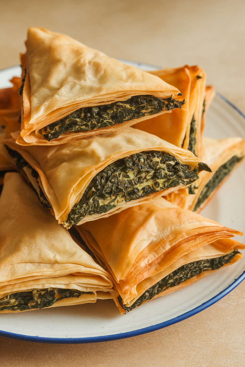 Indoor photo of flaky phyllo triangles stacked on a plate, spinach filling visible in one cut open. No text or logos.
