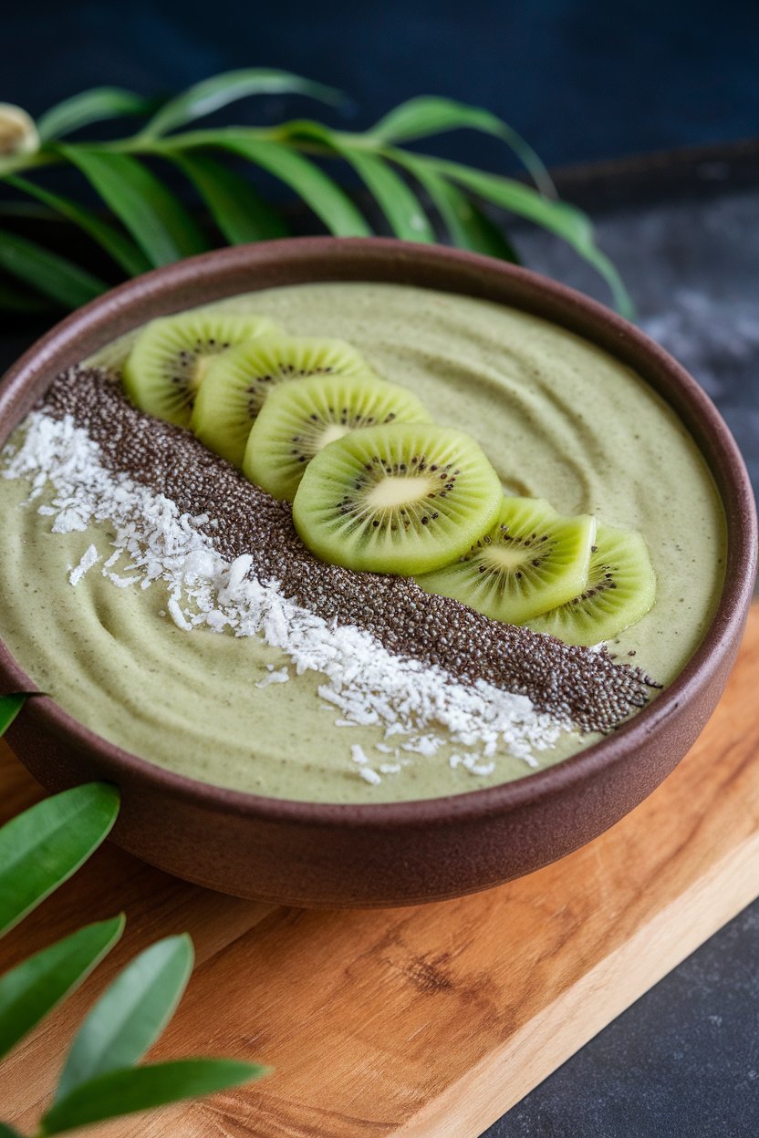 A wide ceramic bowl indoors filled with thick green smoothie topped with sliced kiwi, chia seeds, and shredded coconut. No text or logos. Photo.