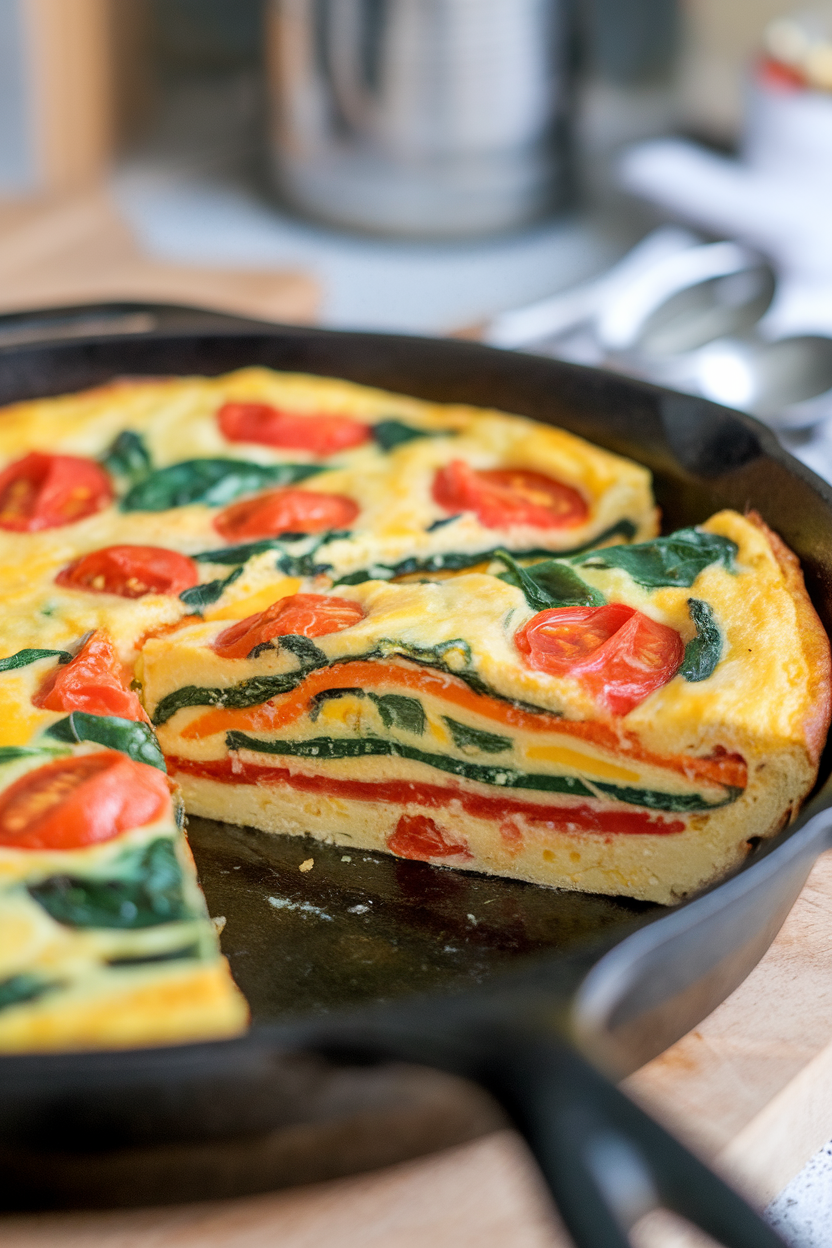 Indoor photo of a sliced frittata showing colorful layers of bell pepper, spinach, and cherry tomatoes in a cast-iron skillet. No text or logos.