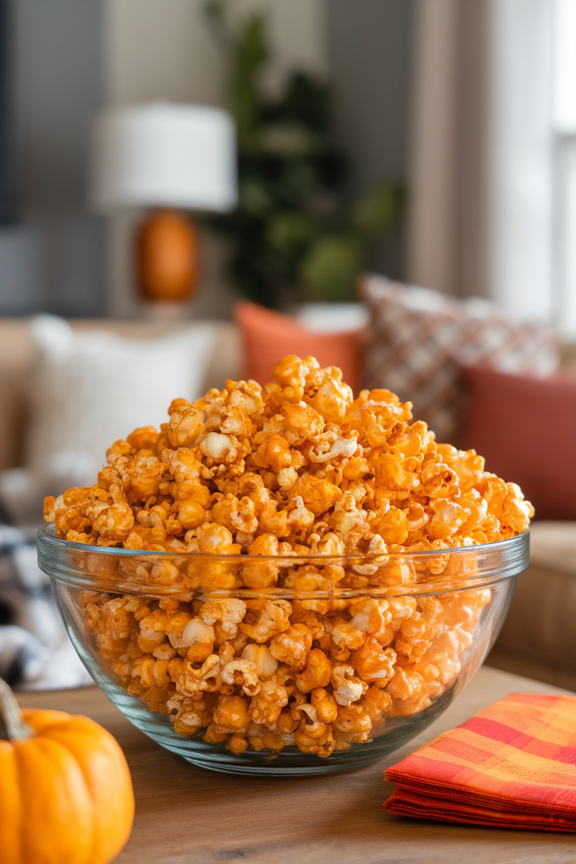 An indoor movie-night bowl overflowing with popcorn coated in glossy maple pumpkin spice glaze, autumn-colored napkins nearby. Photo, no text or logos.