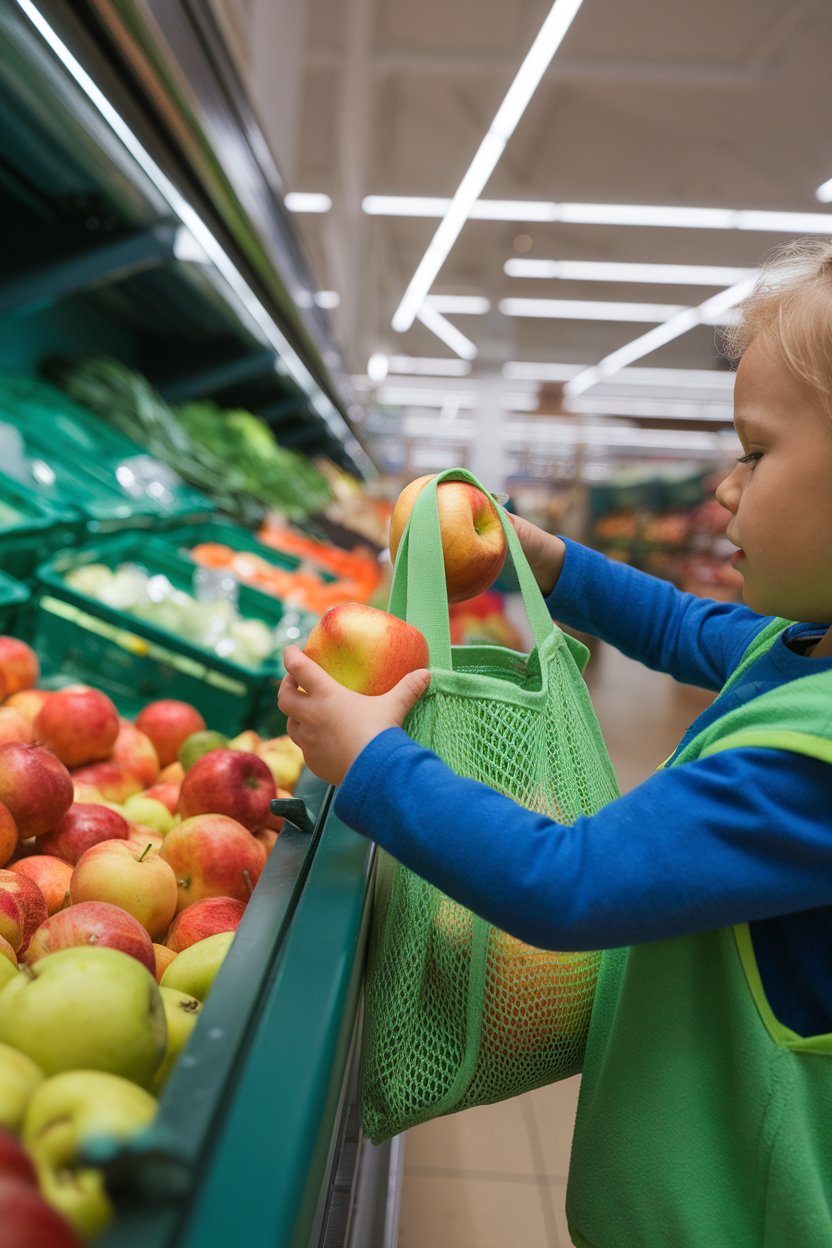Indoor photo of a child placing apples into a reusable produce bag in a supermarket produce aisle, no text or logos