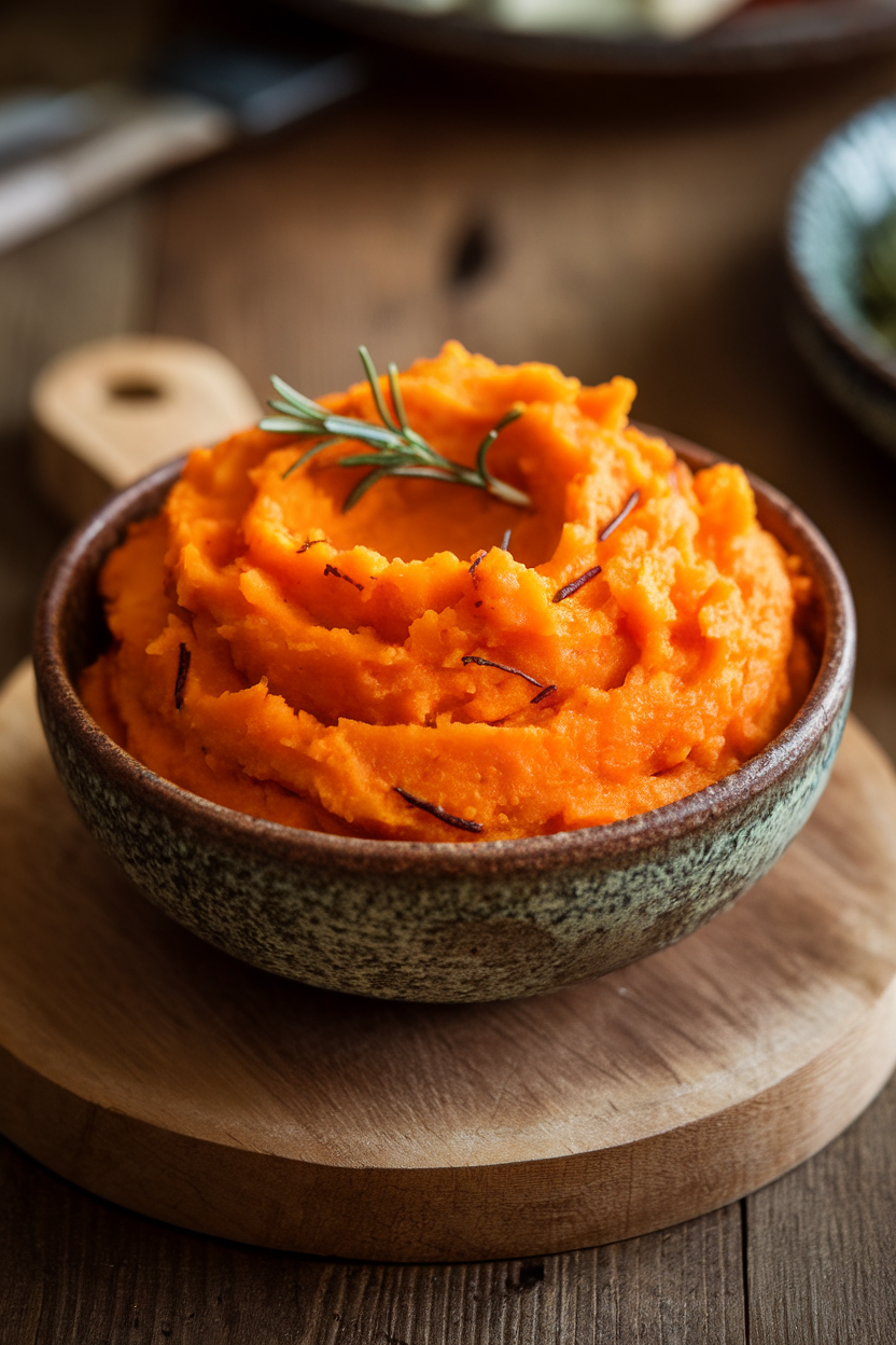 Photo of a rustic bowl filled with bright orange mashed sweet potatoes, flecks of rosemary visible, shot on a dining table indoors. No text or logos.