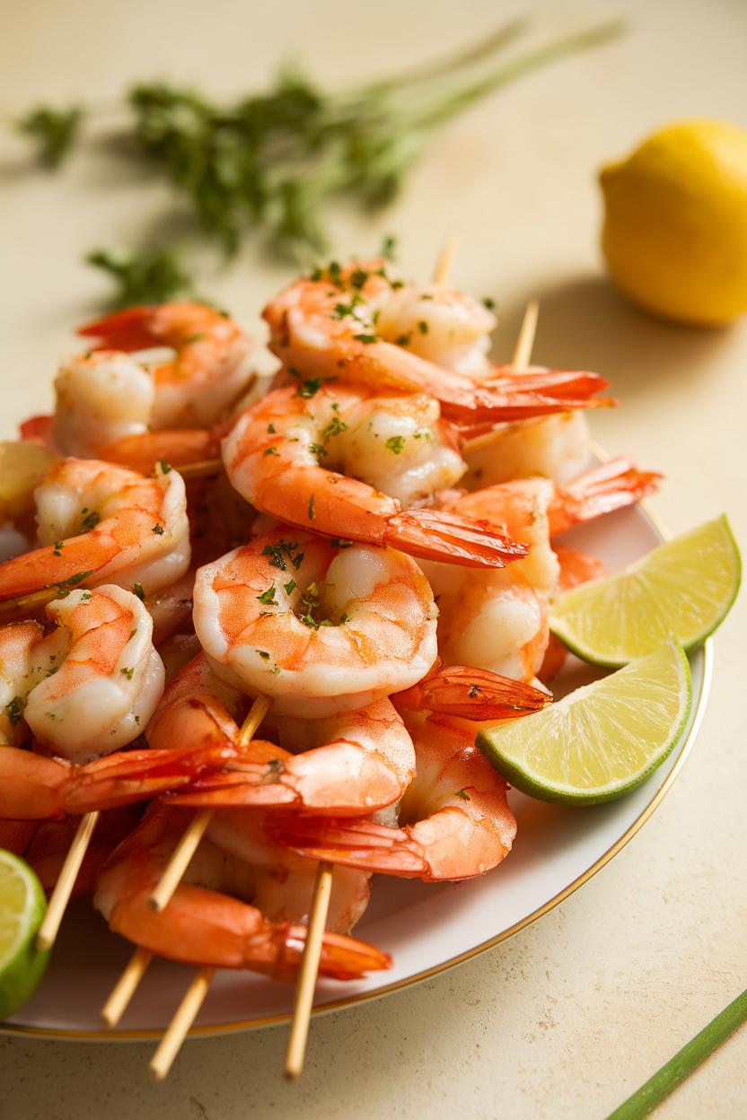 Indoor platter of cooked shrimp skewers brushed with citrus glaze, garnished with lime wedges, close-up. No text or logos.
