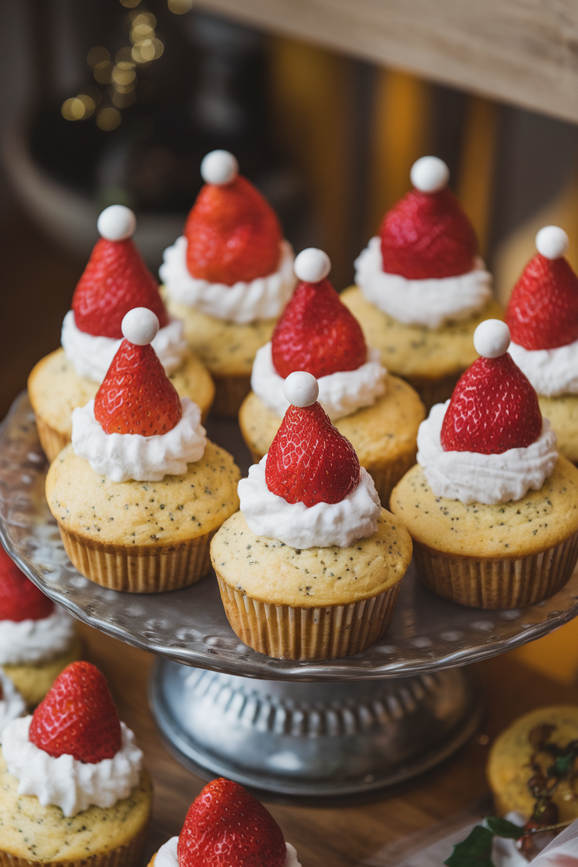 Indoor platter of lemon poppy seed muffins topped with whipped cream and halved strawberries, resembling tiny Santa hats. No text or logos. Photo, not illustration.