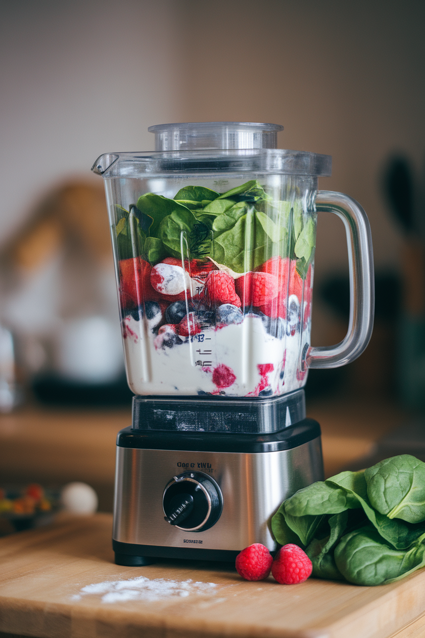 Photo prompt: An indoor blender jar filled with spinach, frozen berries, Greek yogurt, and almond milk, no brands visible.