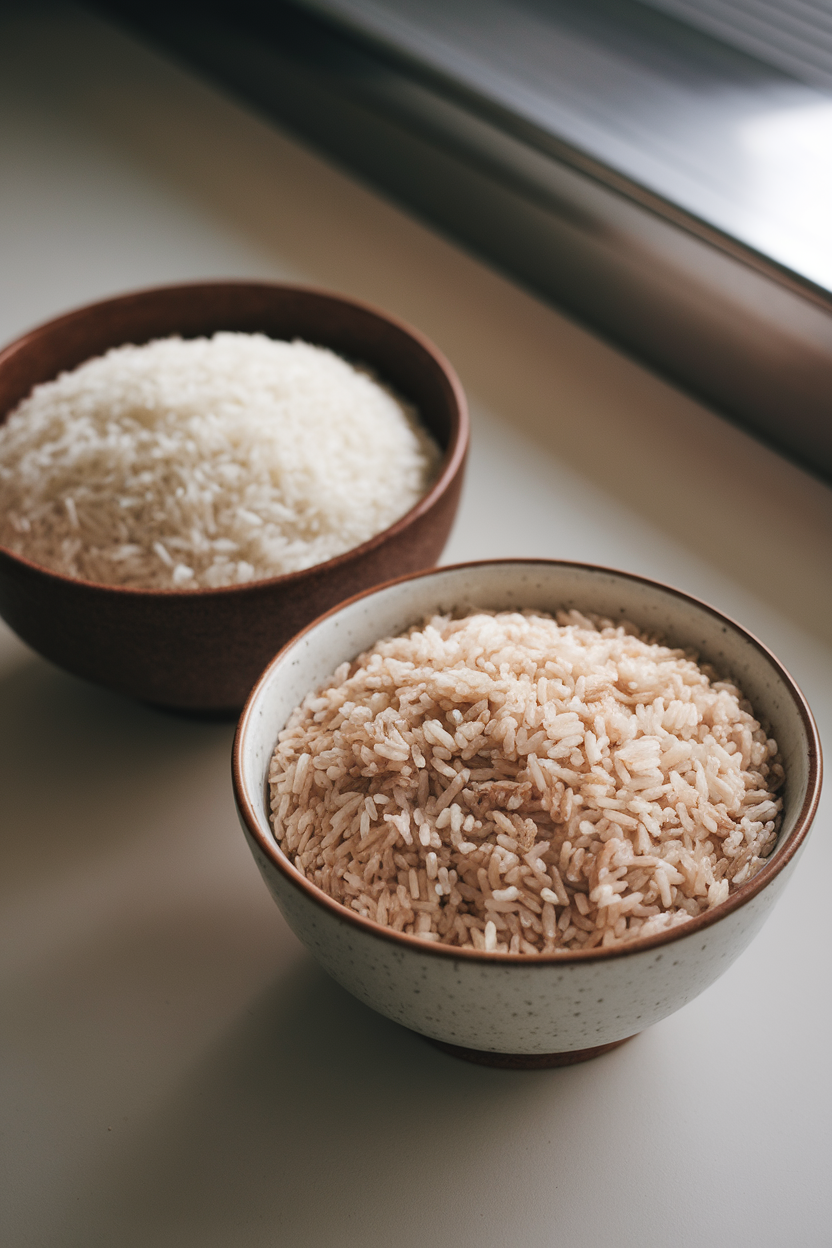 Two bowls on a kitchen counter—one filled with white rice, the other with brown rice—shown side by side under even lighting. No text or logos. Photo, not illustration.