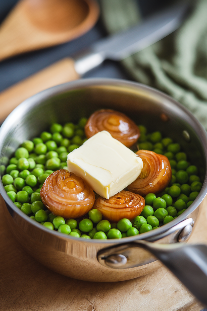 Indoor photo of vibrant green peas mixed with glazed pearl onions in a small saucepan, a pat of butter melting on top. No text or logos.