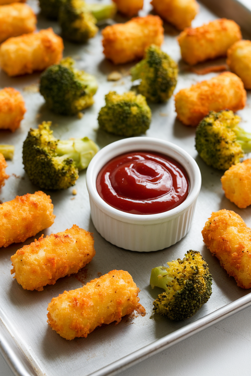 Indoor baking sheet holding golden broccoli tots, small ramekin of ketchup beside them—photo, no text or logos.