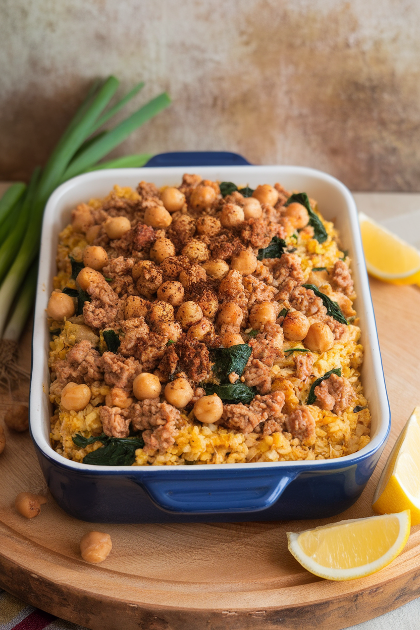 Indoor photo of a casserole dish containing bulgur wheat, ground turkey, chickpeas, spinach, and a sprinkle of za’atar, baked golden. No logos or text.