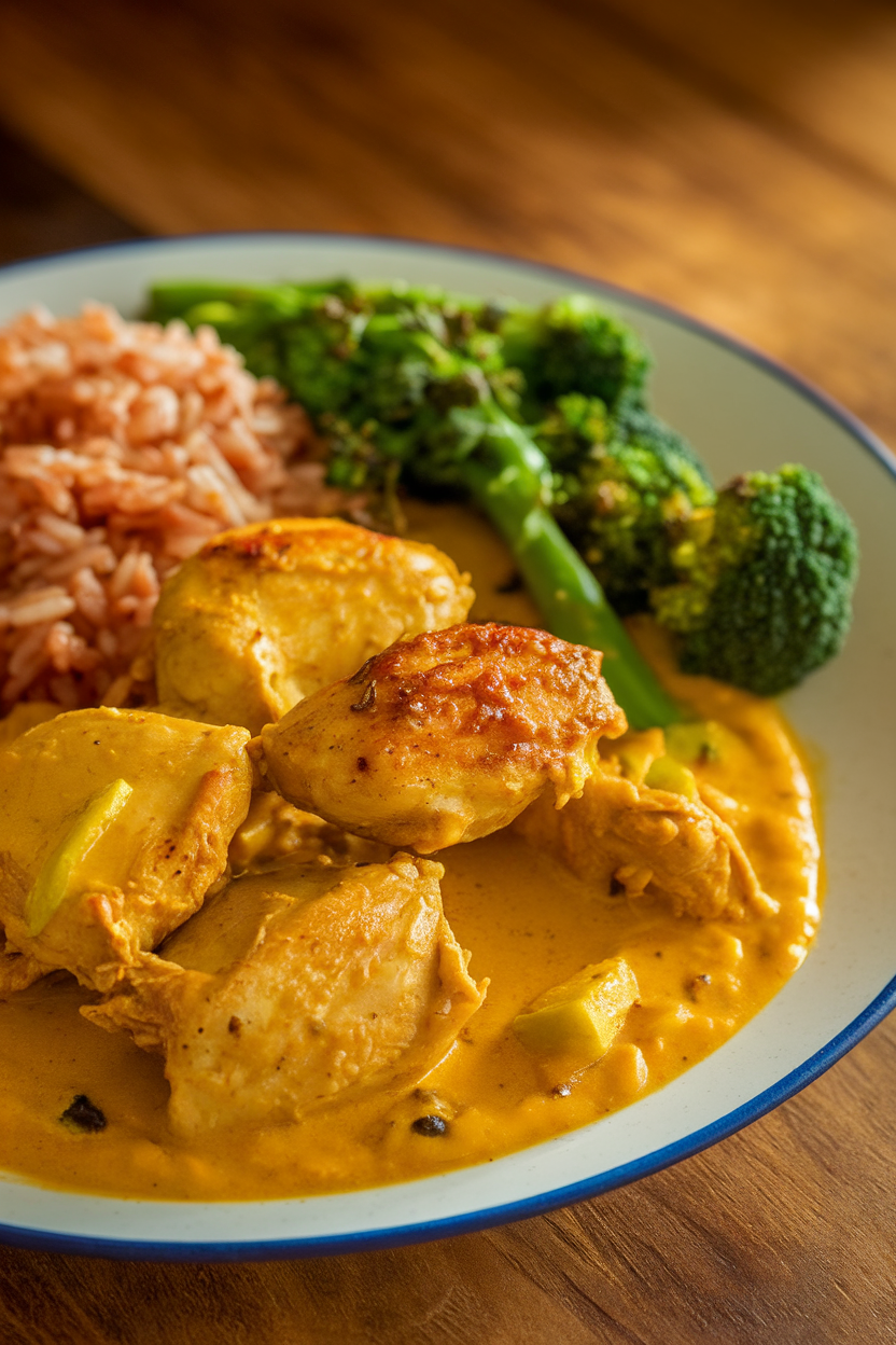 Indoor photo of mango curry chicken pieces, reddish Himalayan rice, and bright broccolini on a plate. No text or logos.