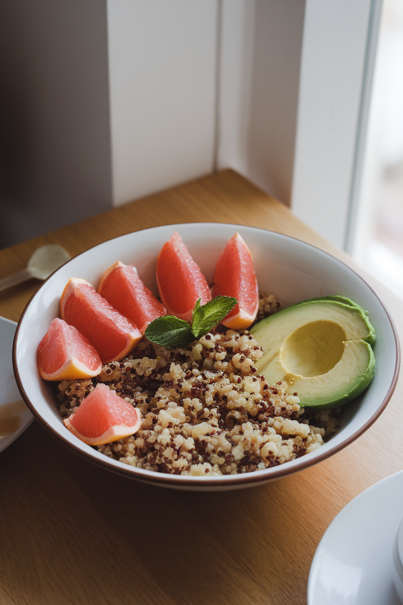 Photo of an indoor breakfast table with quinoa, grapefruit wedges, avocado slices, and mint leaves in a bowl, lightly drizzled with honey. No text or logos.