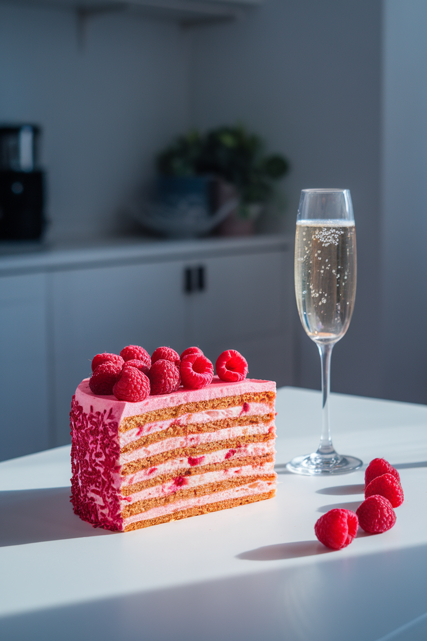 A bright indoor kitchen island showing a pink-flecked layer cake slice with fresh raspberries pressed between whipped mascarpone filling. A few bubbles in a champagne flute blur in the background; no text or logos. Photo, not illustration.