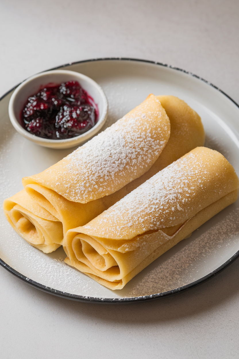 Indoor photo of thin crêpe-like pancakes rolled and dusted with powdered sugar, served with lingonberry jam; no text or logos.