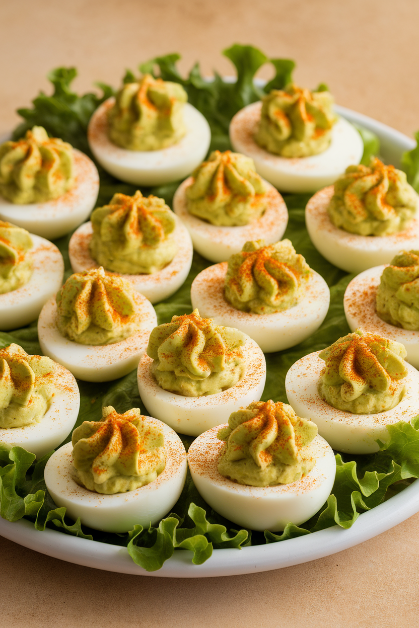A white platter of deviled eggs filled with pale green avocado-yolk mix, dusted with paprika, photographed indoors. No text or logos. Photo only.