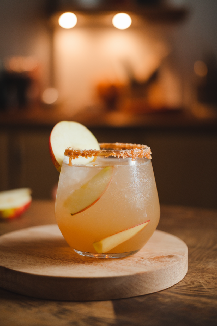 Indoor photo of stemless glass with pale caramel apple mocktail, salted caramel drizzle on rim, thin apple slice floating; cozy autumn kitchen lighting; no text or logos.