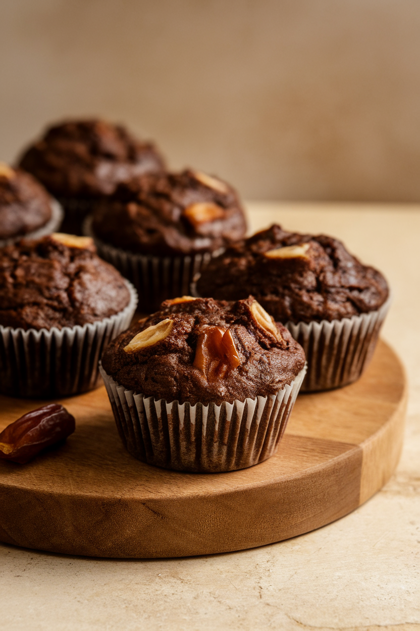 Indoor photo of dark bran muffins with date pieces, set on a wooden cutting board, no text or logos