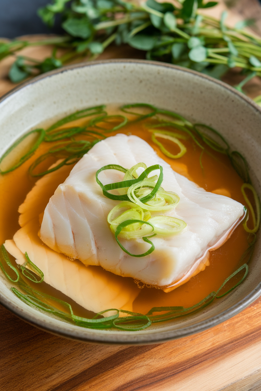 An indoor photo of flaky cod fillet gently poached in miso broth with thin slices of ginger and scallions in a shallow bowl. No text or logos.