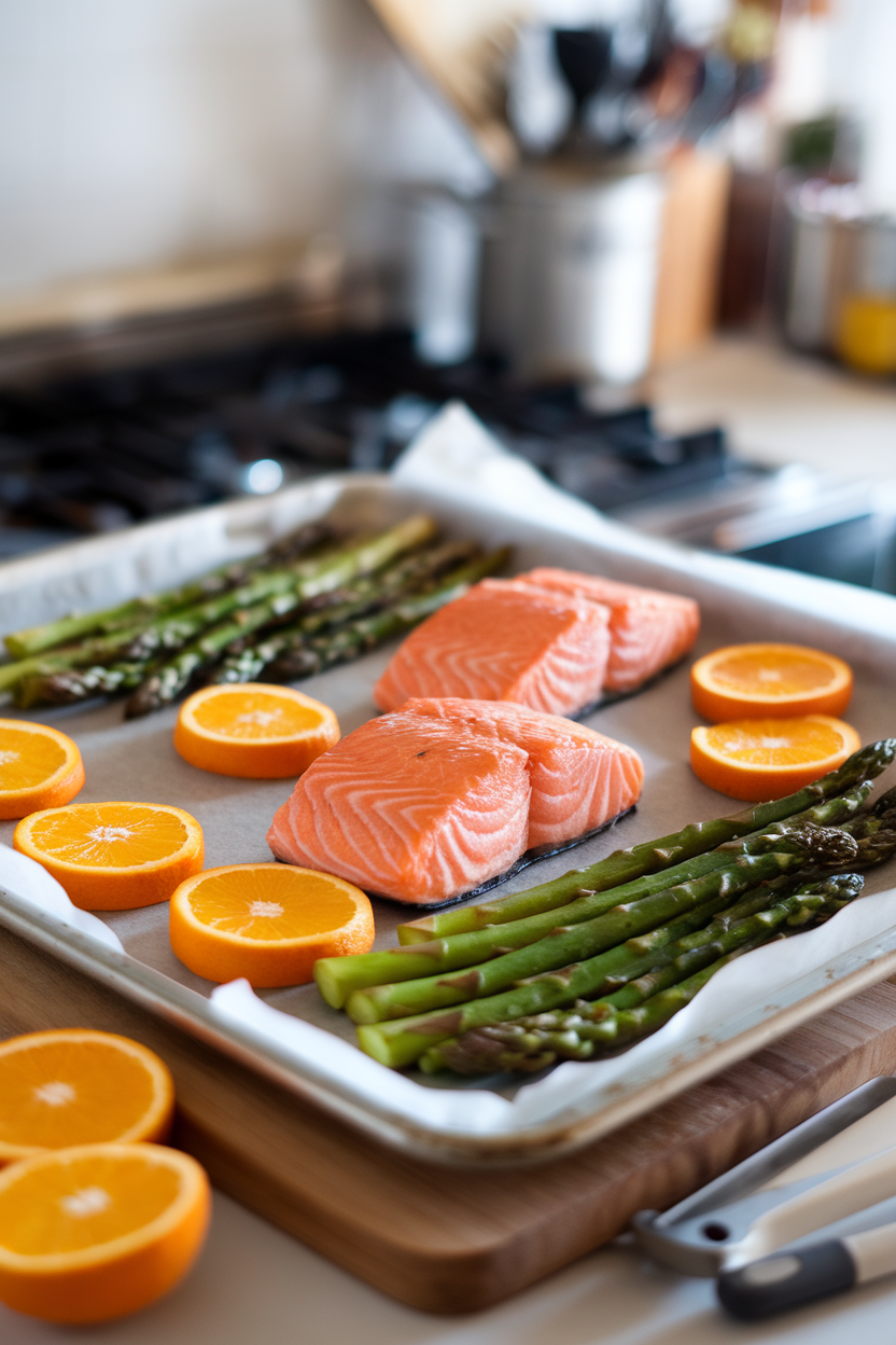 An indoor oven-side shot of a parchment-lined sheet pan holding cooked salmon fillets with orange slices and vibrant asparagus spears. Photo, no text or logos.