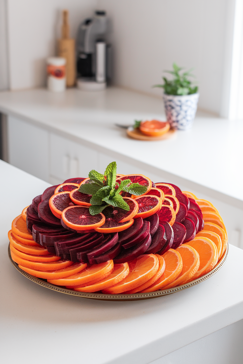 A bright indoor countertop featuring a platter of thinly sliced golden beets and blood orange rounds layered artfully, garnished with mint. No text or logos. Photo.