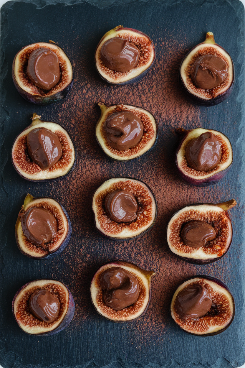 An indoor slate board featuring dried figs slit open and filled with chocolate-hazelnut spread, lightly dusted with cocoa—no text or logos; photo, not illustration