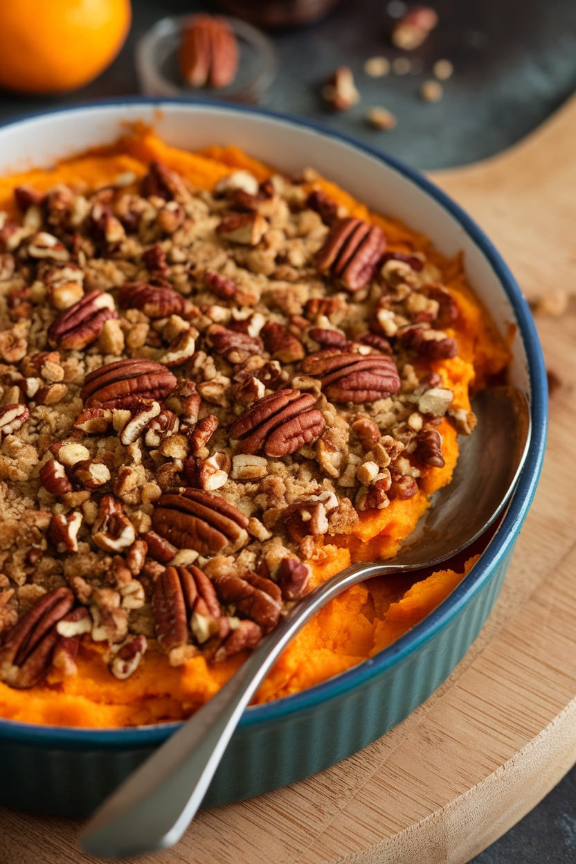 An indoor casserole dish of mashed sweet potatoes topped with a golden pecan crumble, spoon resting nearby. This should be a photo, not an illustration. No text or logos anywhere in the scene.