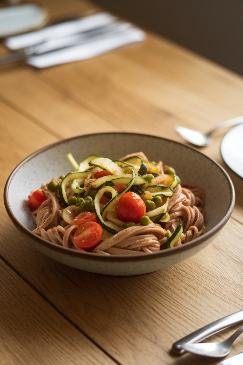 An indoor dining table with a bowl of whole-wheat pasta tossed in olive oil, zucchini ribbons, cherry tomatoes, and peas; no text or logos.