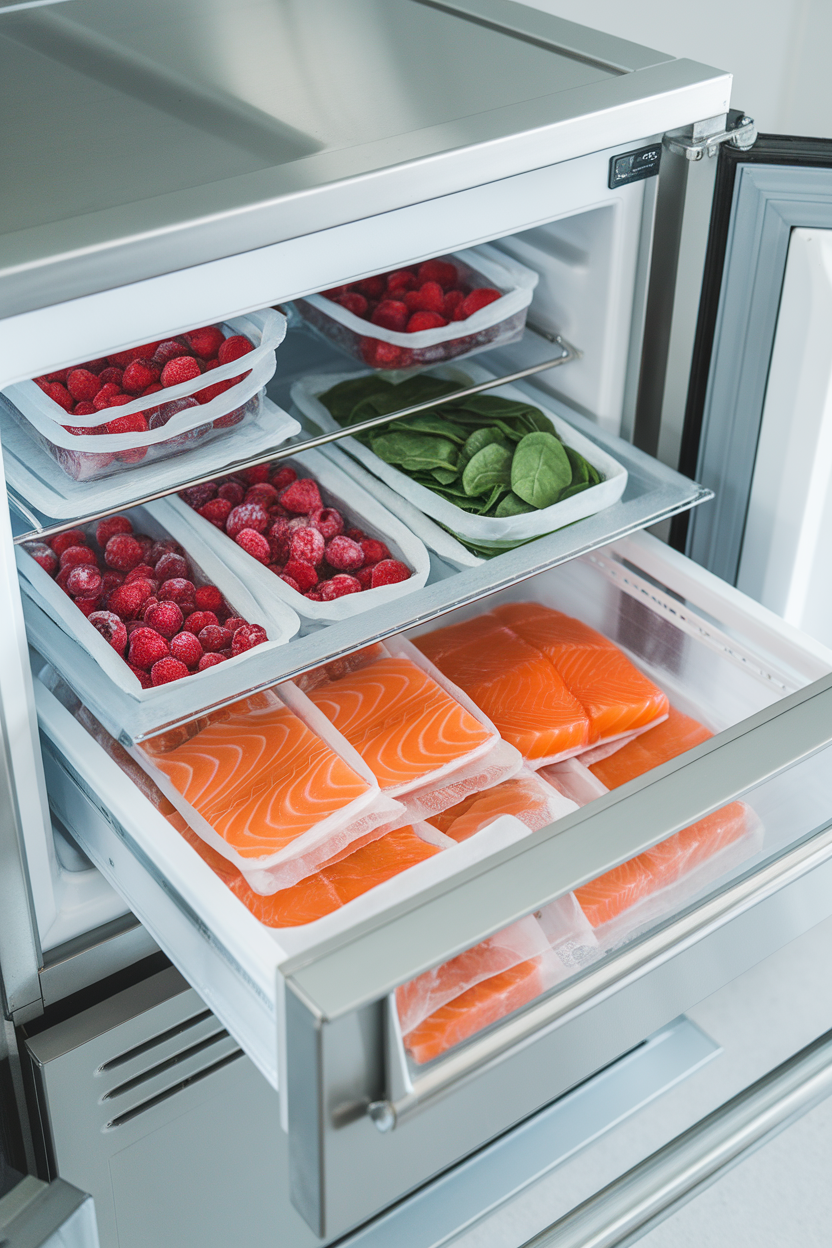 Photo of an open indoor freezer drawer neatly stocked with frozen berries, spinach, and salmon fillets in plain bags. No text or logos.