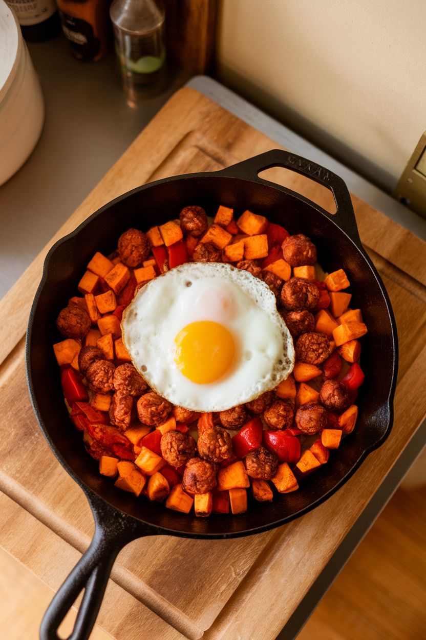 Overhead indoor photo of a cast-iron skillet filled with diced roasted sweet potatoes, browned chorizo, and red peppers, topped with a sunny-side egg. Warm kitchen lighting, no logos or text.
