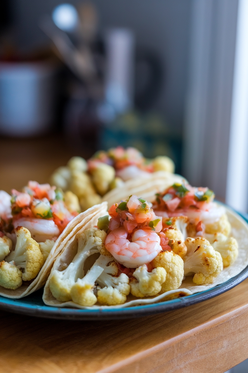 Indoor plate photo of corn tortillas filled with roasted cauliflower florets and chili-lime cooked shrimp, topped with pico; bright light, no text or logos.
