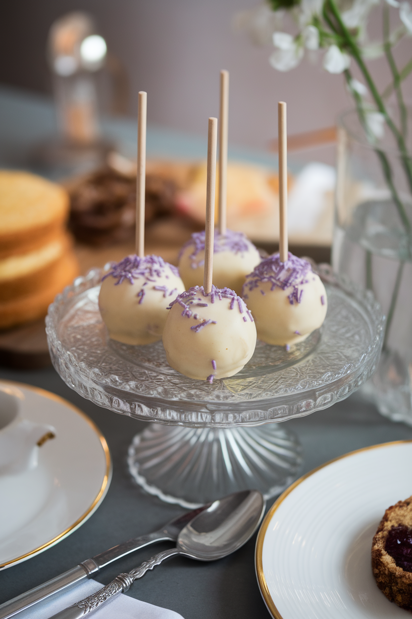 Photo, not illustration. Indoor chic brunch setting. Pale yellow cake pops with purple lavender speckles and a light prosecco glaze, displayed on a glass cake stand. No text or logos.