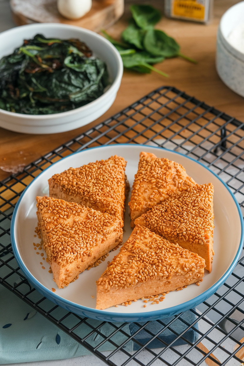 Indoor baking rack holding tofu triangles coated in golden sesame seeds, served with a side of wilted spinach. No text or logos present.