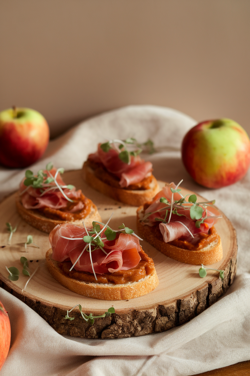 Wooden board indoors featuring crostini topped with apple butter, ribbons of prosciutto, and a sprinkle of microgreens. No text or logos.