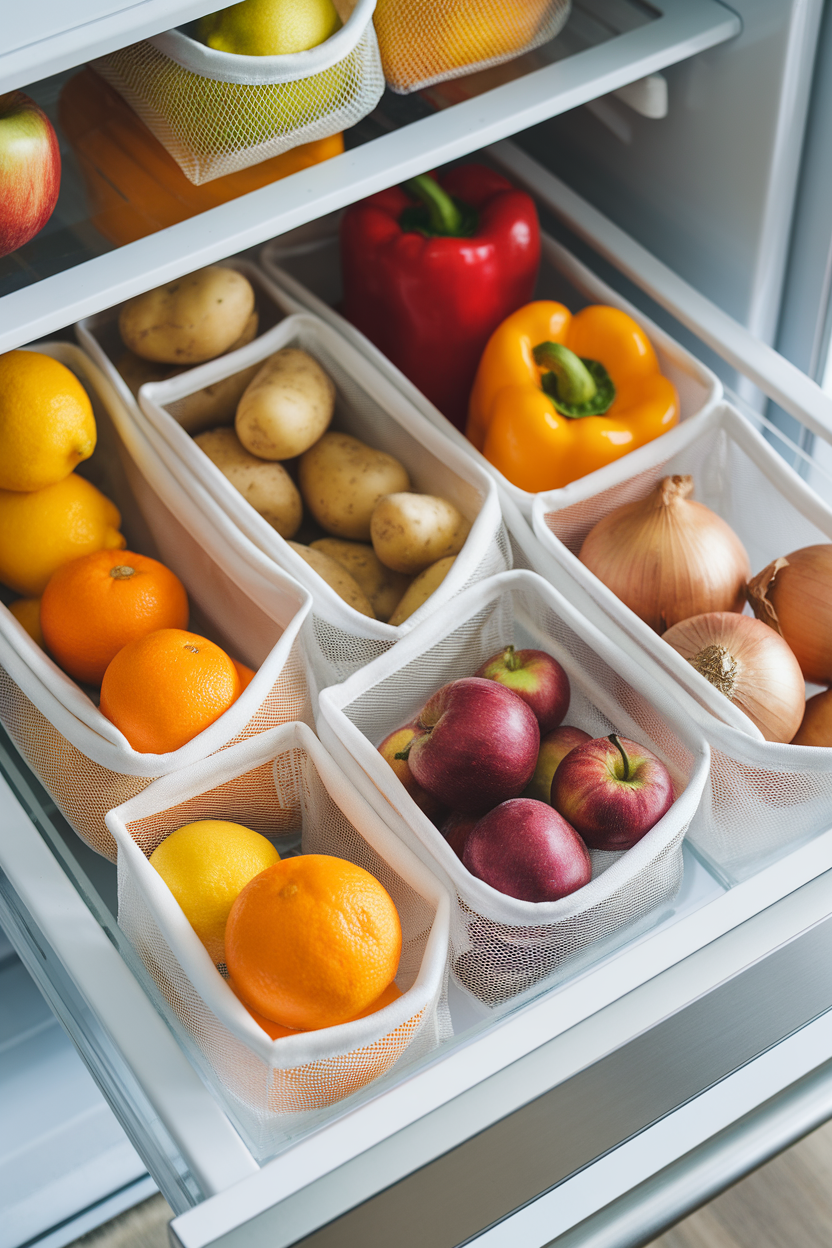 Refrigerator drawer neatly organized with produce in breathable mesh bags, indoor photo, no text or logos