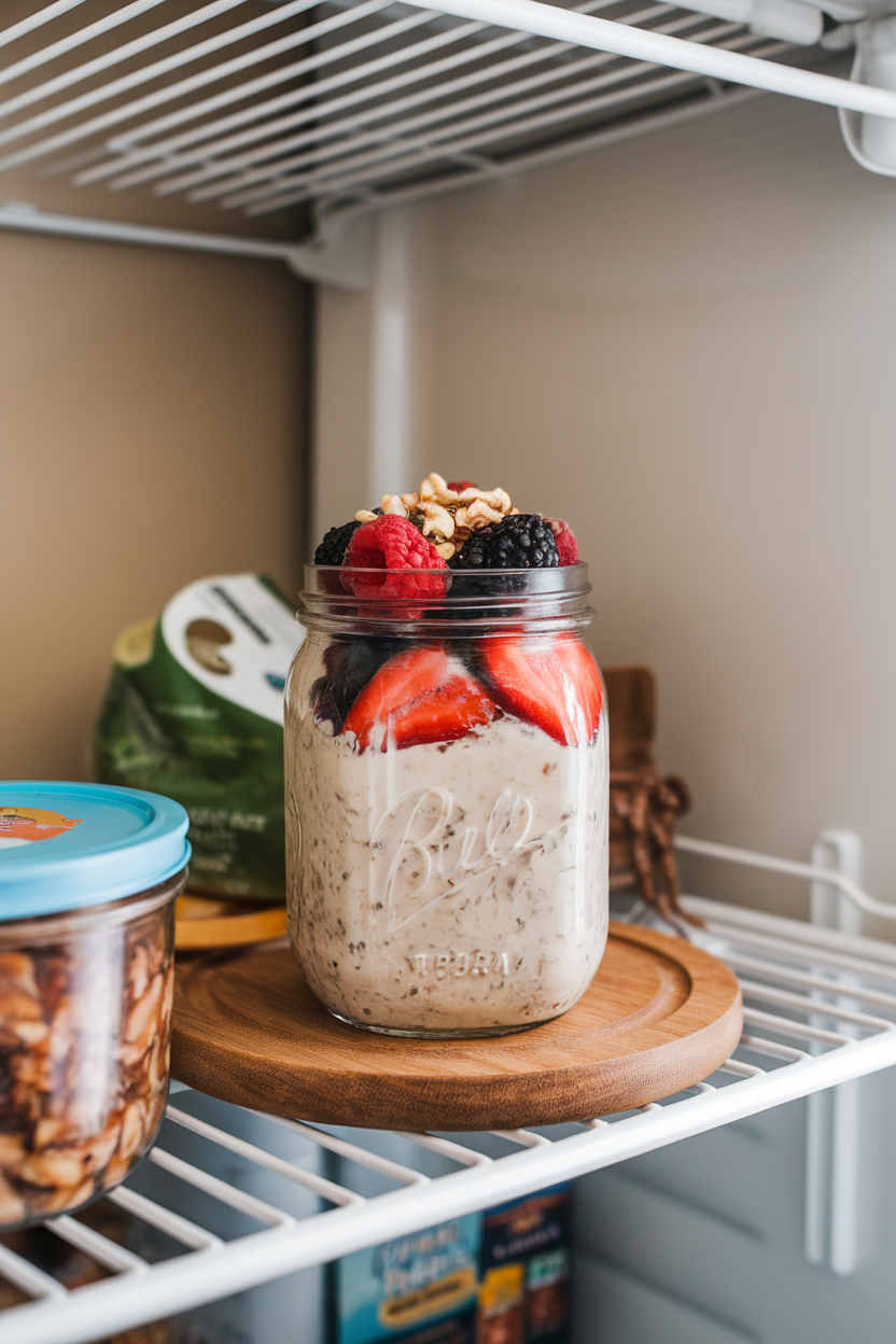 An indoor refrigerator shelf showing a mason jar of overnight oats topped with fresh berries and chopped nuts, no text or logos.