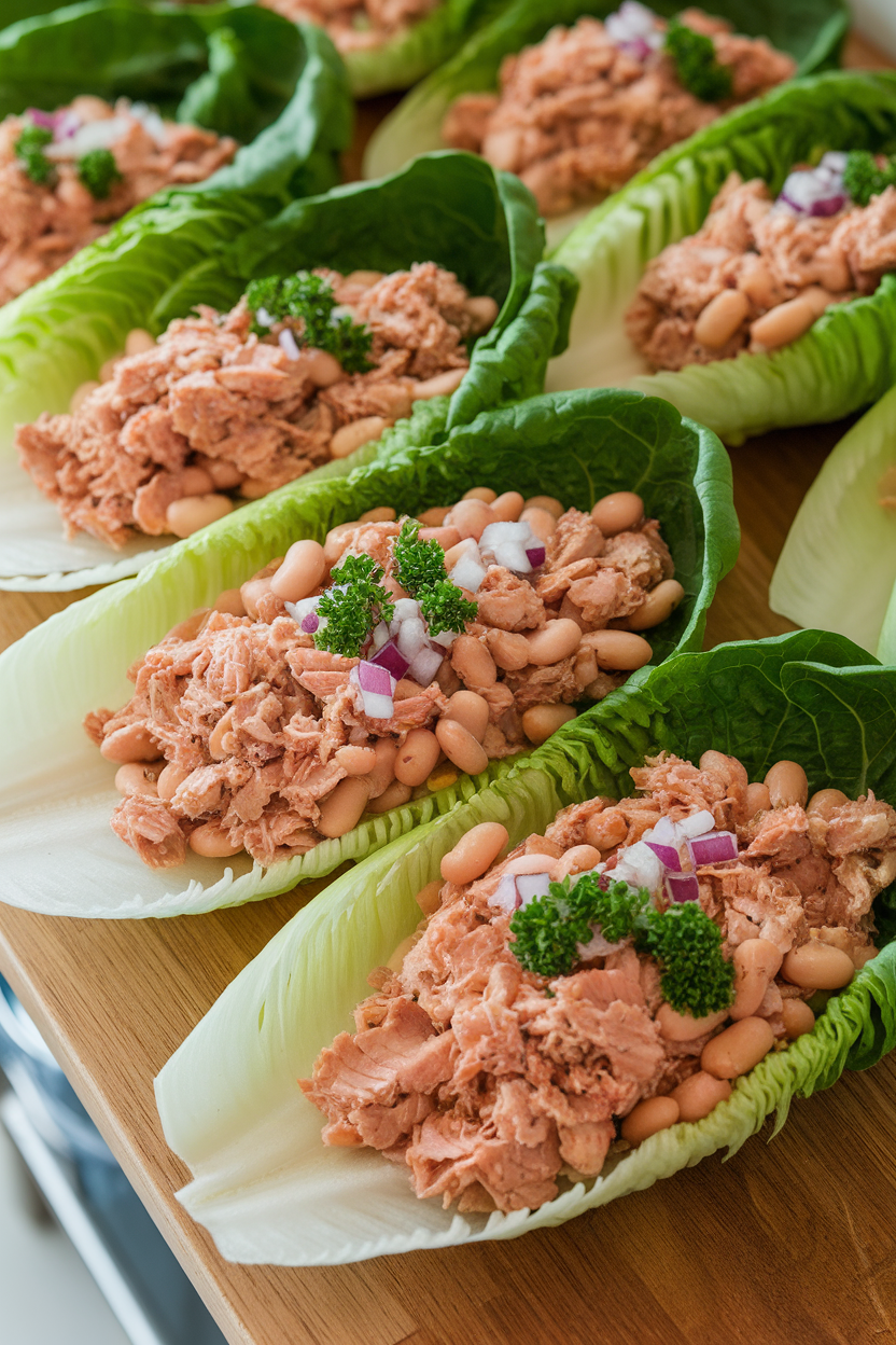 Photo of a wooden indoor countertop displaying romaine leaves filled with a tuna and white bean mixture, dotted with diced red onion and parsley. No text or logos visible.