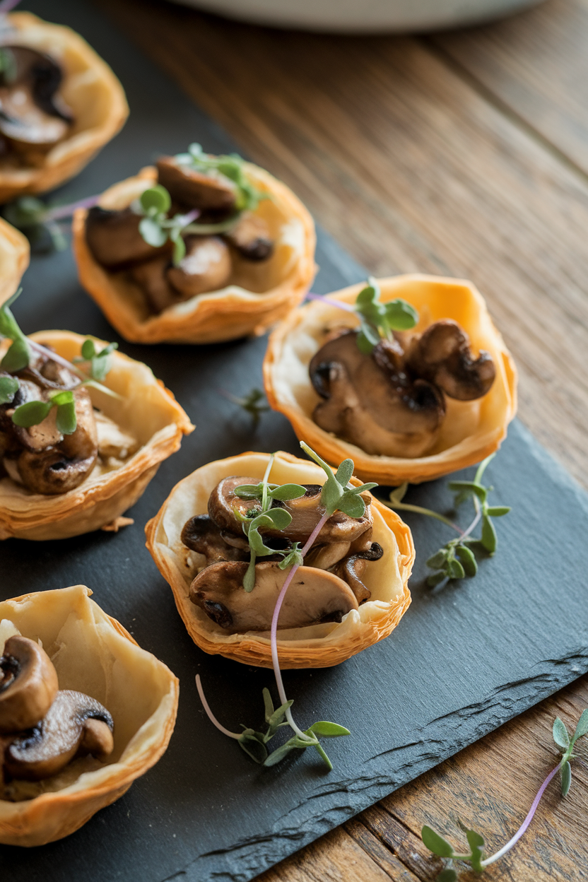 Indoor photo of golden mini phyllo shells filled with sautéed mushrooms and thyme, garnished with microgreens on a slate board. No text or logos.