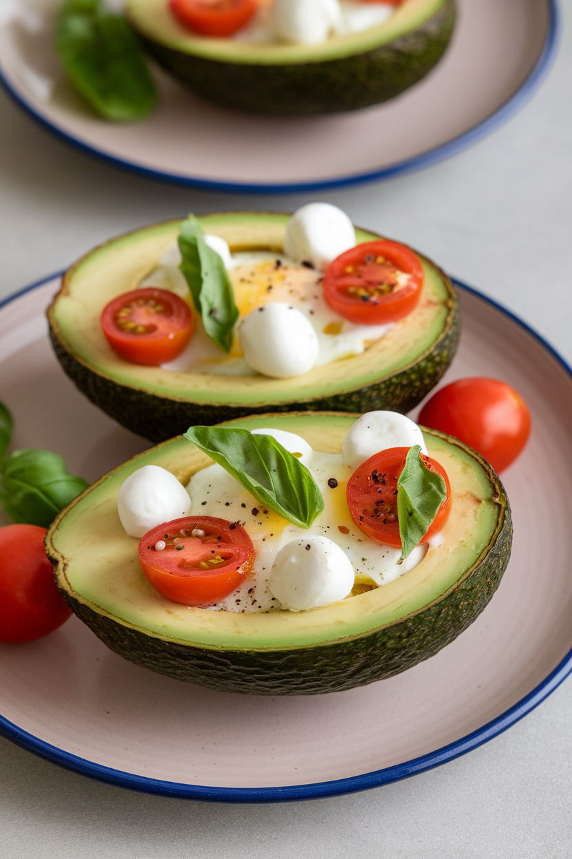 An indoor plate showing halved avocados filled with baked eggs, topped with cherry tomatoes, mozzarella pearls, and basil ribbons, no text or logos.