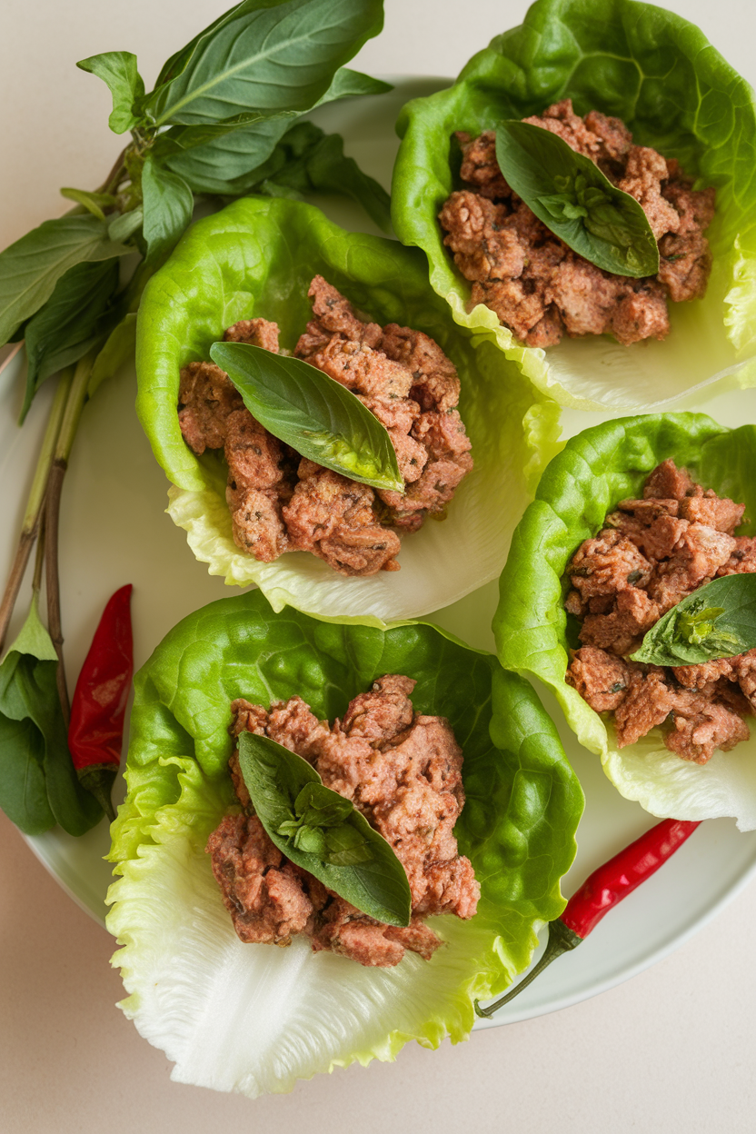 Indoor photo of crisp butter lettuce leaves holding cooked ground turkey with Thai basil and chilies; no text or logos.